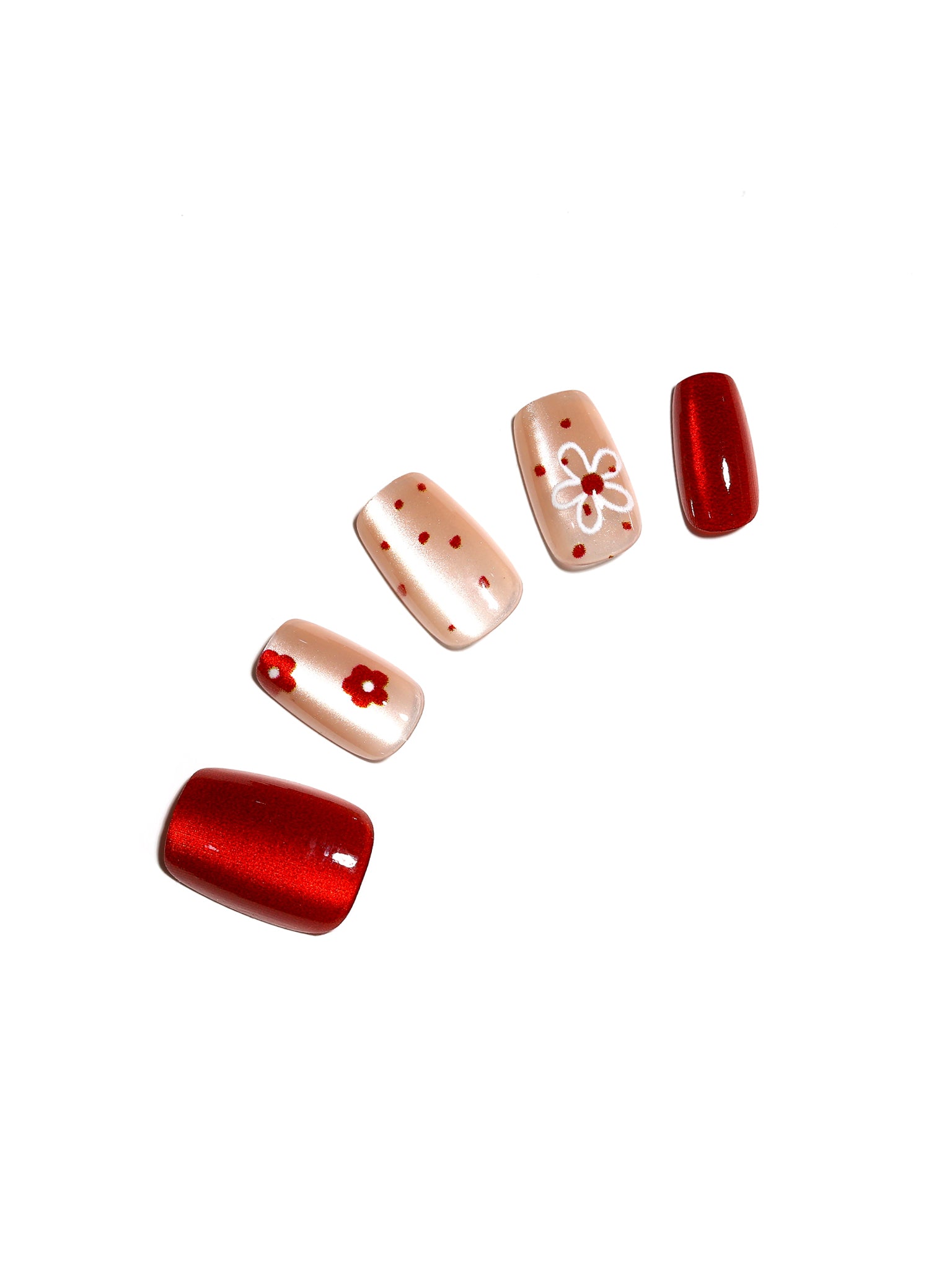 Ruby Blossom red floral square press on nails on nude base with cherry red accents