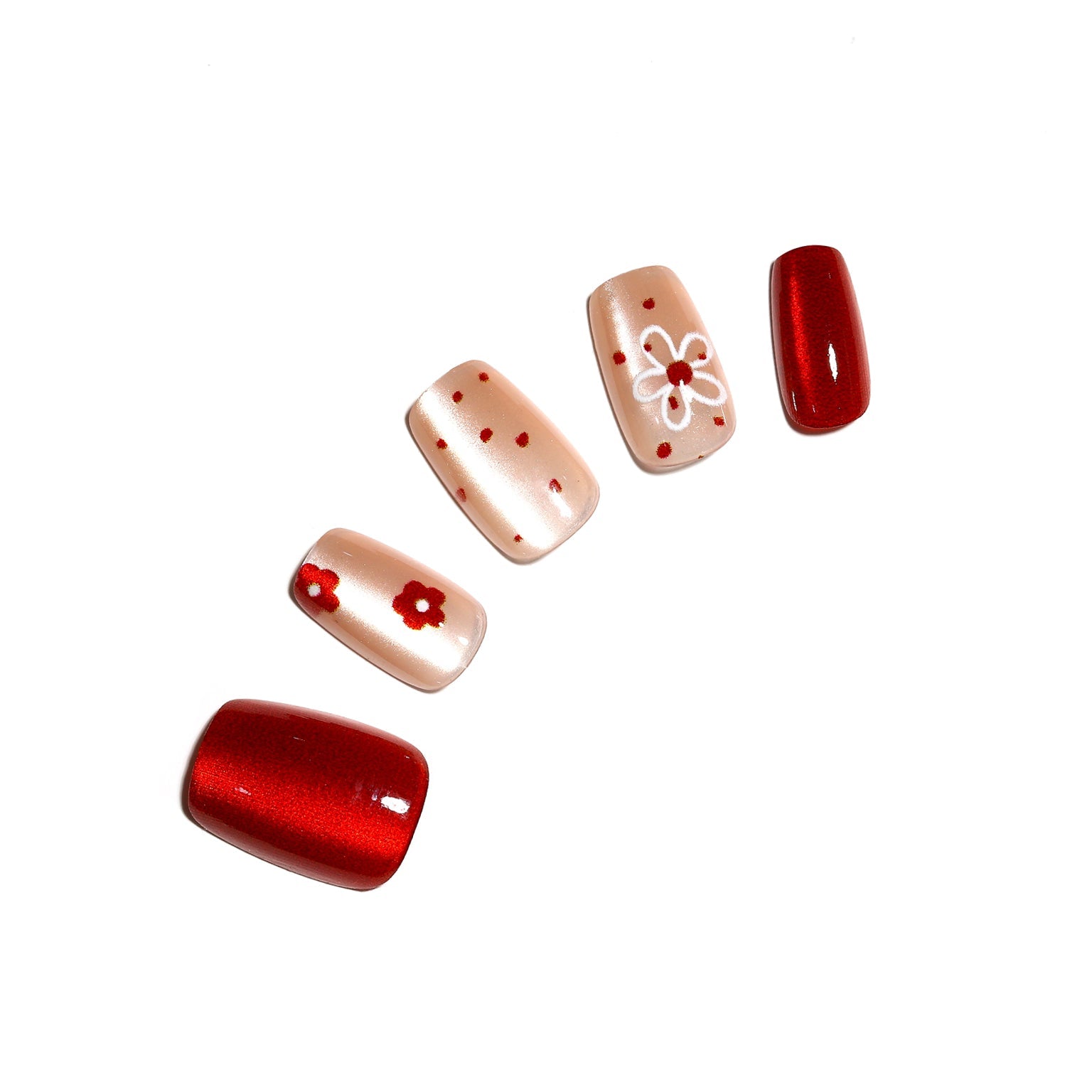 Ruby Blossom red floral square press on nails on nude base with cherry red accents