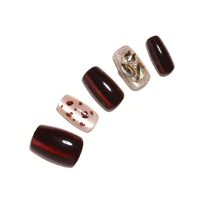 Cherry Velvet Nails short square cherry red cat eye press-on nails magnetic velvet shimmer stripe with leopard accent nails 30-piece set