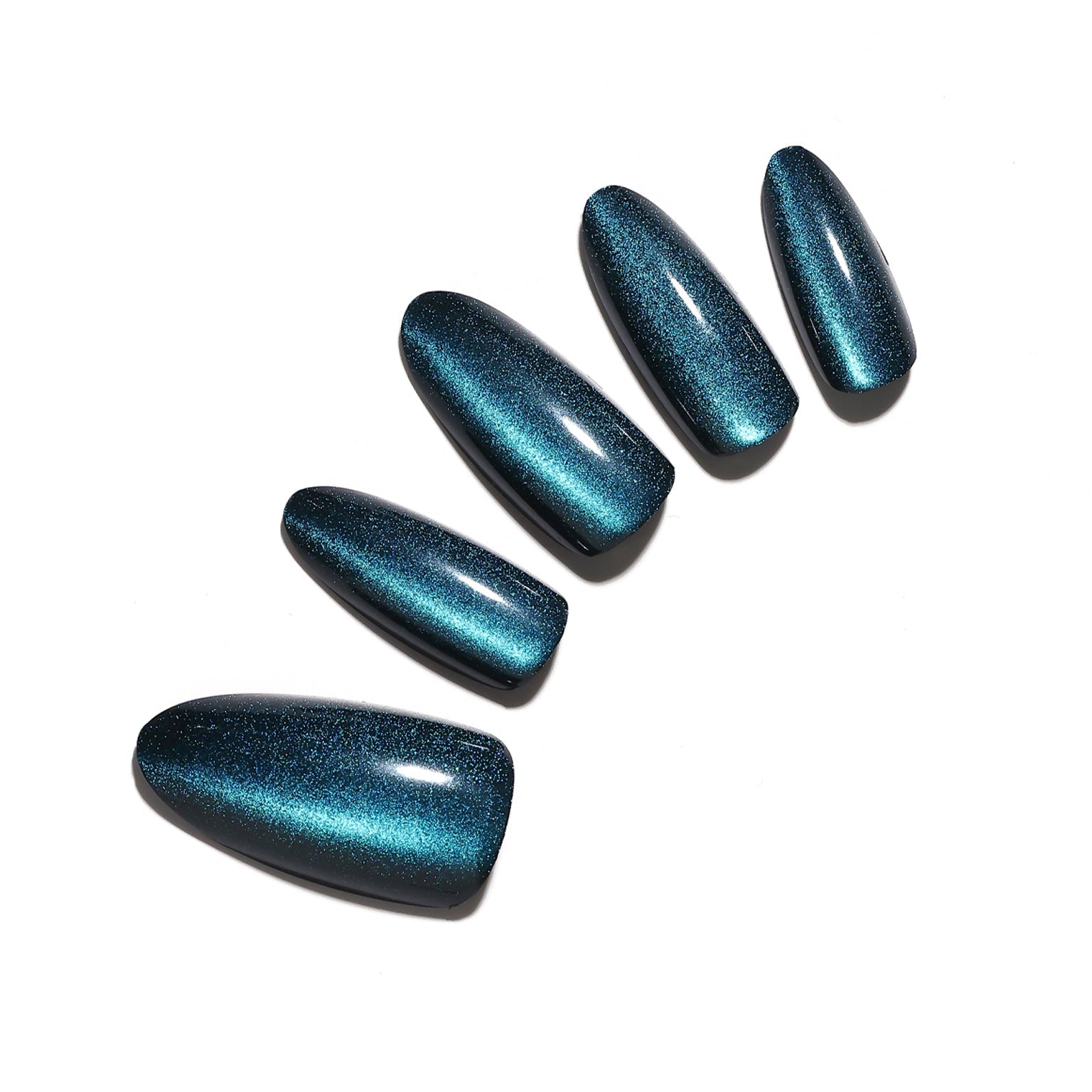 Midnight Muse medium almond metallic teal press on nails glossy shimmer 30 piece full design set
