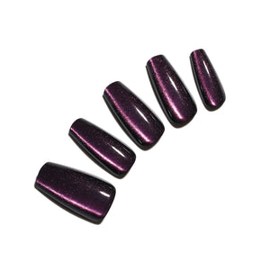 Velvet Plum medium coffin velvet cat eye press-on nails deep plum purple shimmer 30-piece set