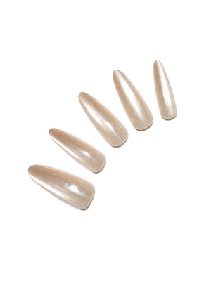 Peachy Promise long stiletto glazed nude press-on nails sheer peach pearl shimmer 30-piece acrylic set