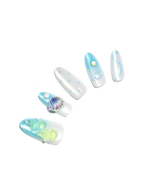 Jellyfish Dreams long almond jelly blue press-on nails 3D ocean charms 30-piece PMMA acrylic set