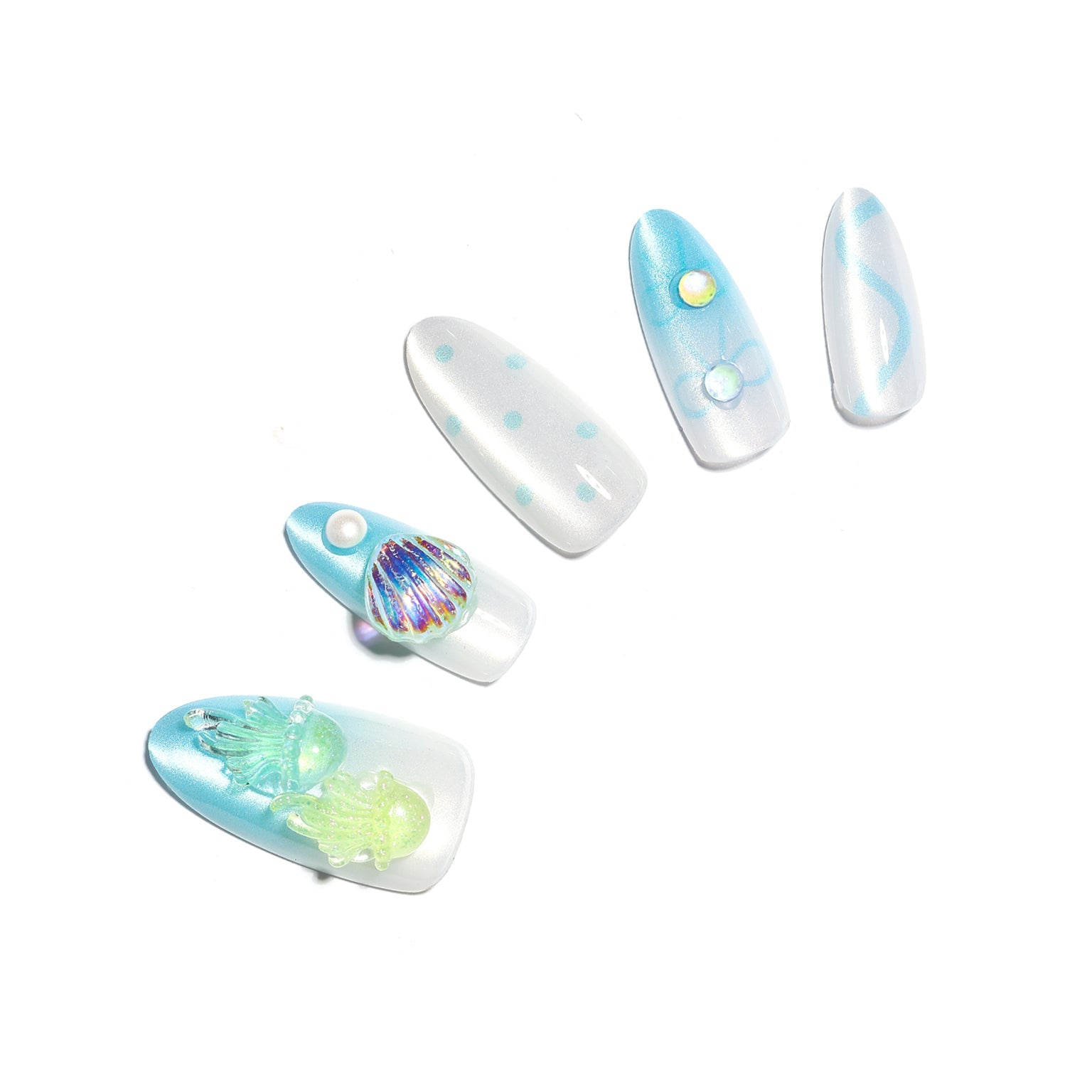 Jellyfish Dreams long almond jelly blue press-on nails 3D ocean charms 30-piece PMMA acrylic set