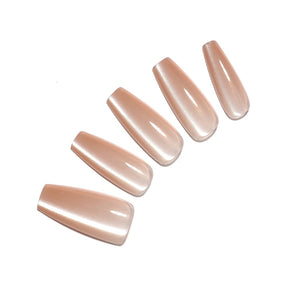 Silken Petal long coffin pearl nude press-on nails champagne glazed finish
