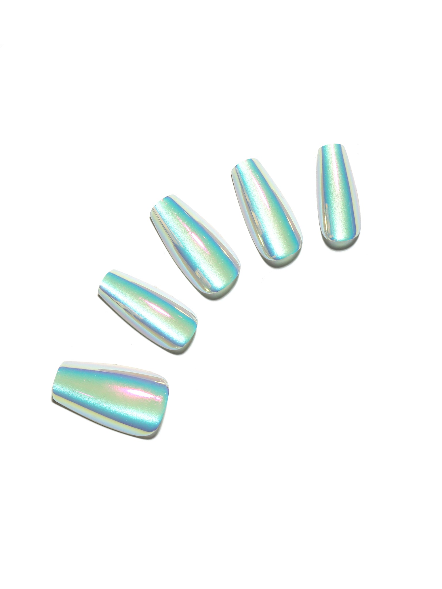 Baby blue metallic coffin press-on nails, long glossy acrylic tips on white background