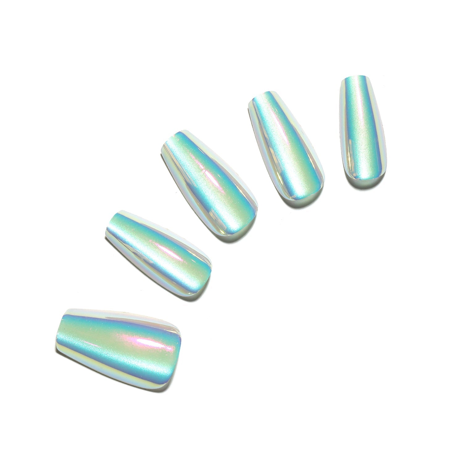 Baby blue metallic coffin press-on nails, long glossy acrylic tips on white background