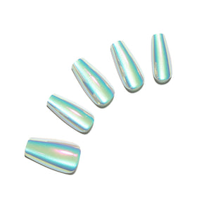 Baby blue metallic coffin press-on nails, long glossy acrylic tips on white background