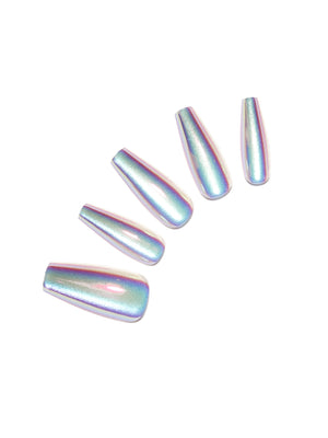 Holographic metallic coffin press-on nails, long chrome-effect acrylic tips on white background