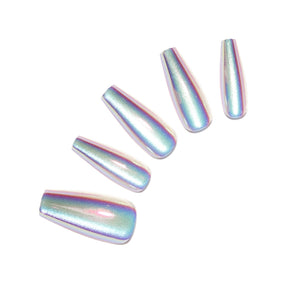 Holographic metallic coffin press-on nails, long chrome-effect acrylic tips on white background