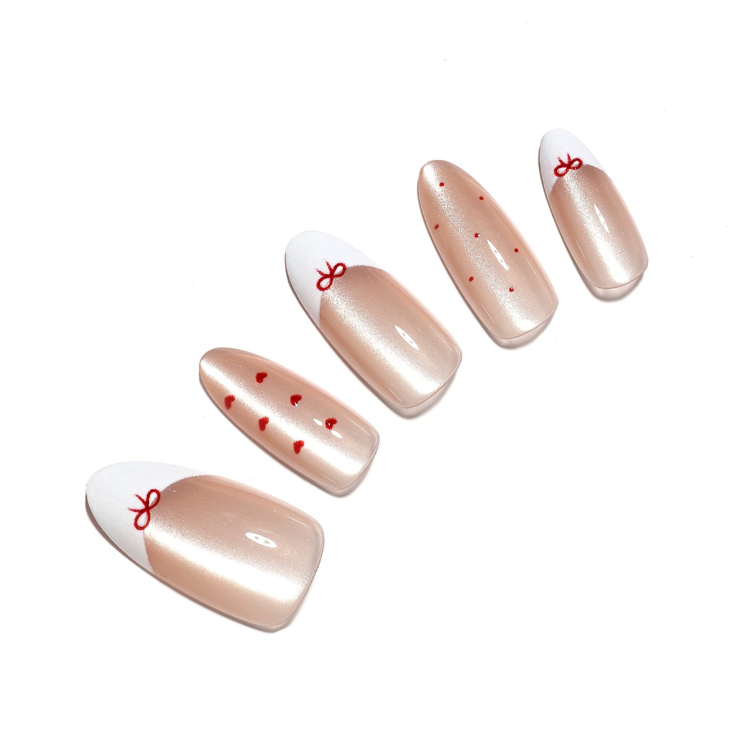 Blushing Valentine medium almond French tip press-on nails with blush nude base and red bow accents 30-piece set