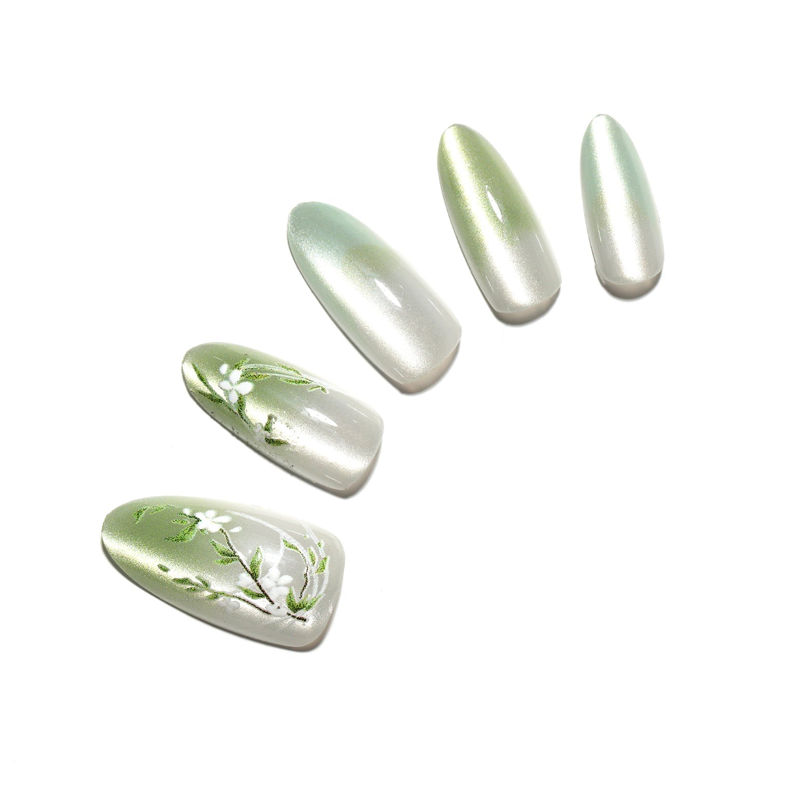 Spring Garden long almond green chrome press-on nails mint pearl shimmer floral art 30-piece acrylic set