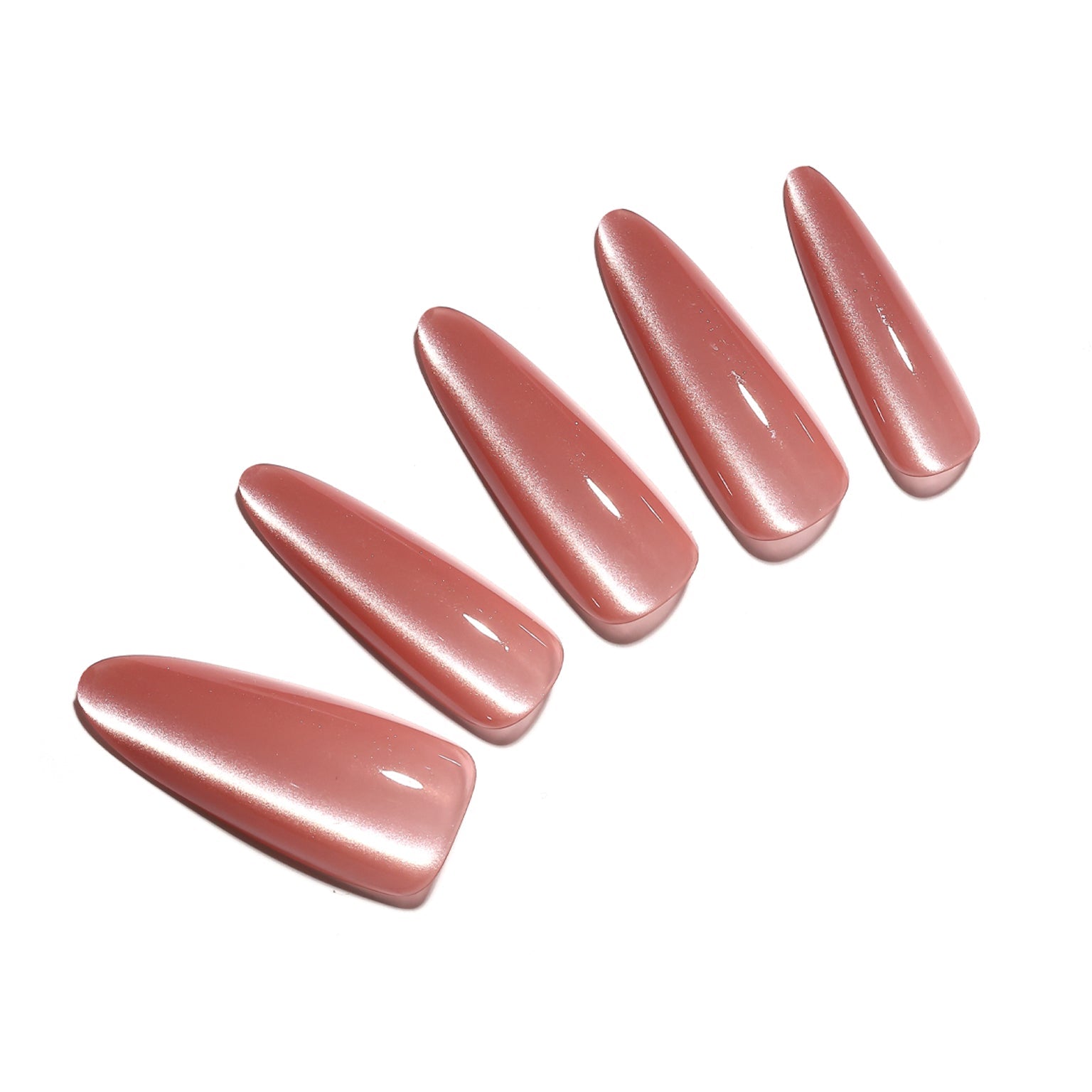 Pink Lady long stiletto rose chrome press-on nails glossy metallic shimmer 30-piece set