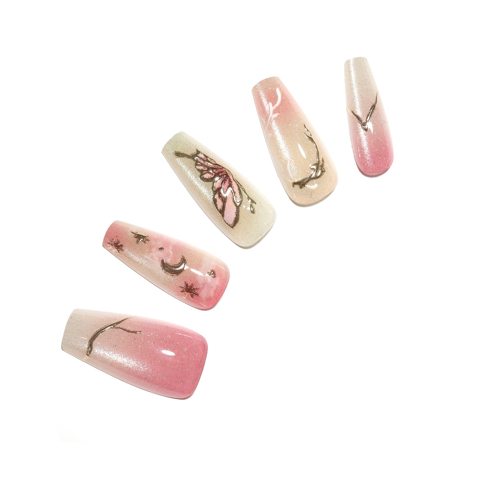Blushing Butterfly long coffin blush pink butterfly press-on nails 30-piece PMMA acrylic set