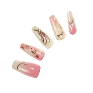 Blushing Butterfly long coffin blush pink butterfly press-on nails 30-piece PMMA acrylic set