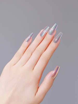 Hand showing holographic metallic coffin press-on nails that reflect rainbow colors