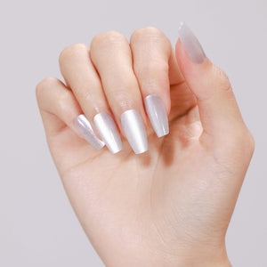 Hand wearing Ice Cold long coffin icy silver white shimmer press-on nails