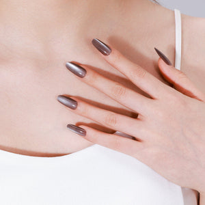 Brown solid color oval press on nails – warm neutral manicure