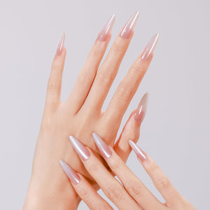 Both hands showing Light Peachy long stiletto glazed nude acrylic press-on nails luminous manicure