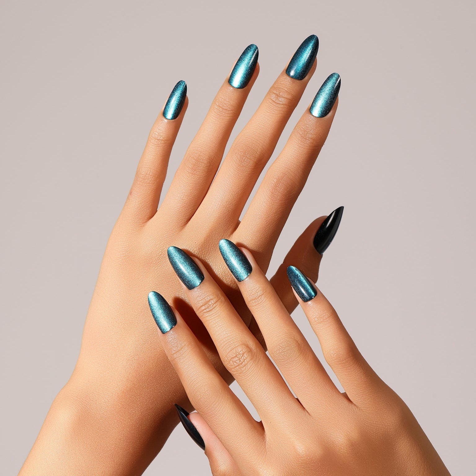Close up Midnight Muse teal shimmer press on nails glossy salon style manicure