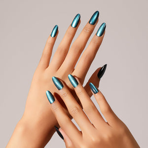 Close up Midnight Muse teal shimmer press on nails glossy salon style manicure