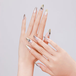 Hand wearing Palm Coast long almond metallic press-on nails with palm tree accent nail art