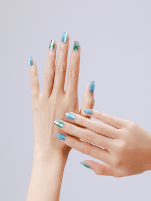 Palm tree vacation nails – blue summer square press on nails with glossy finish