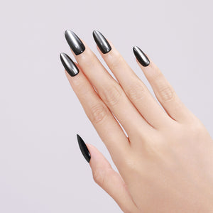 Close-up Noir Eclipse long almond gunmetal black press-on nails mirror chrome finish