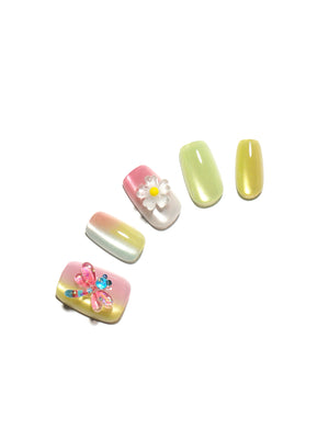 Candy Pop pastel ombre square press on nails with 3D dragonfly and daisy charms 30 piece acrylic set