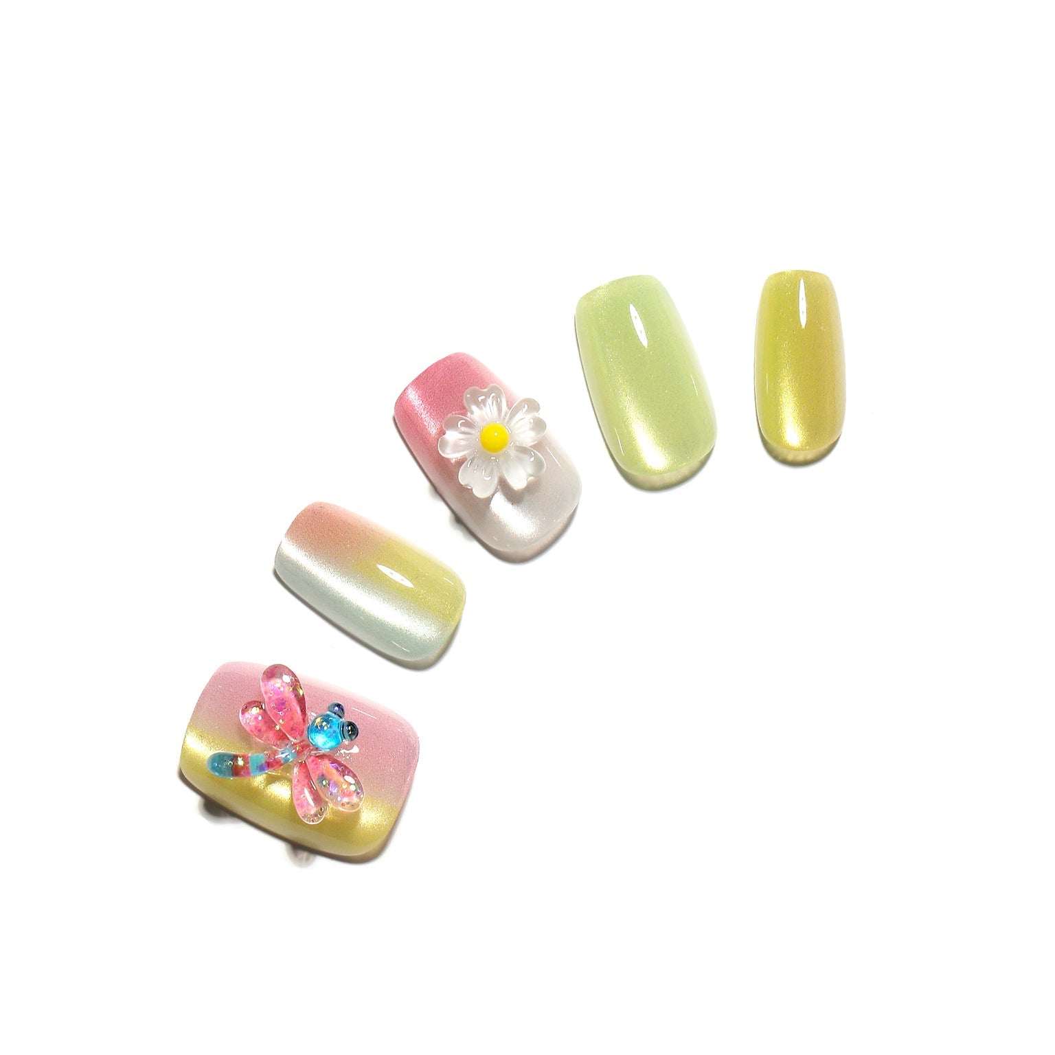 Candy Pop pastel ombre square press on nails with 3D dragonfly and daisy charms 30 piece acrylic set