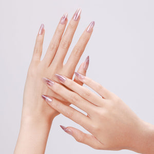 Close-up Butterfly Kiss blush chrome press-on nails with butterfly line art accent nail
