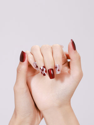 Red glitter square press on nails with nude shimmer checker and star nail art