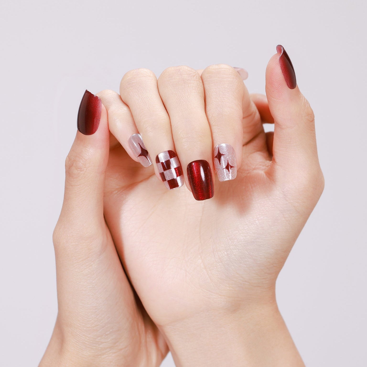 Red glitter square press on nails with nude shimmer checker and star nail art