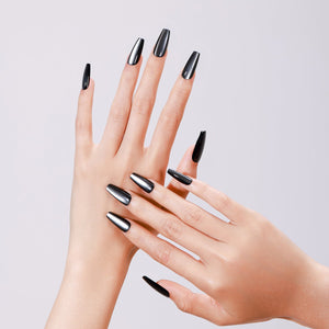 Both hands showing Dark Platinum long coffin black metallic press-on nails