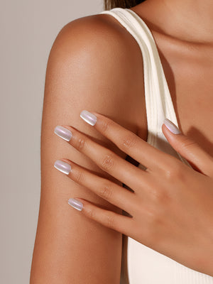 Close up Lavender Chrome short square silver lavender chrome press on nails glossy glazed finish