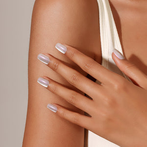 Close up Lavender Chrome short square silver lavender chrome press on nails glossy glazed finish