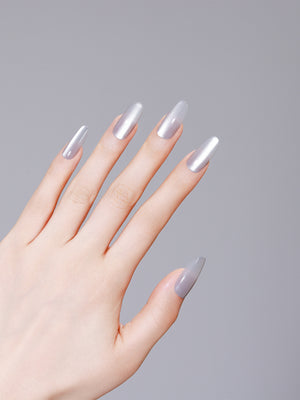 Close-up of Cloud Whip PMMA acrylic long oval white press-on nails