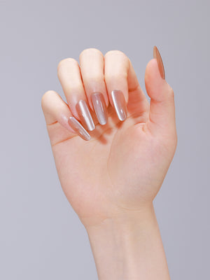 Long oval beige nude PMMA acrylic press-on nails with salon-grade shine