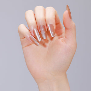 Long oval beige nude PMMA acrylic press-on nails with salon-grade shine