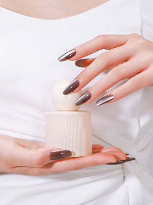 Long oval coffee brown press-on nails with satin gel finish