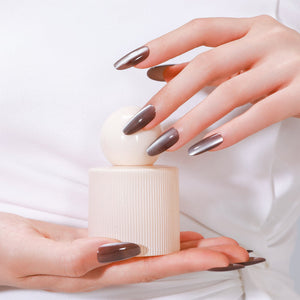 Long oval coffee brown press-on nails with satin gel finish