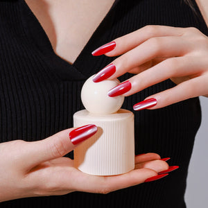 Red solid color oval press on nails – classic glossy finish