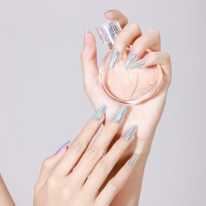 Holographic metallic coffin press-on nails, long chrome-effect acrylic tips