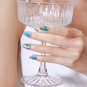 Beachy blue shimmer press on nails medium square tips for summer manicure
