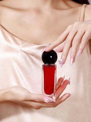 Both hands showing Silk Butterfly long almond pink chrome acrylic press-on nails romantic manicure