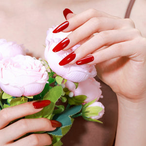 Red solid color oval press on nails – classic glossy finish