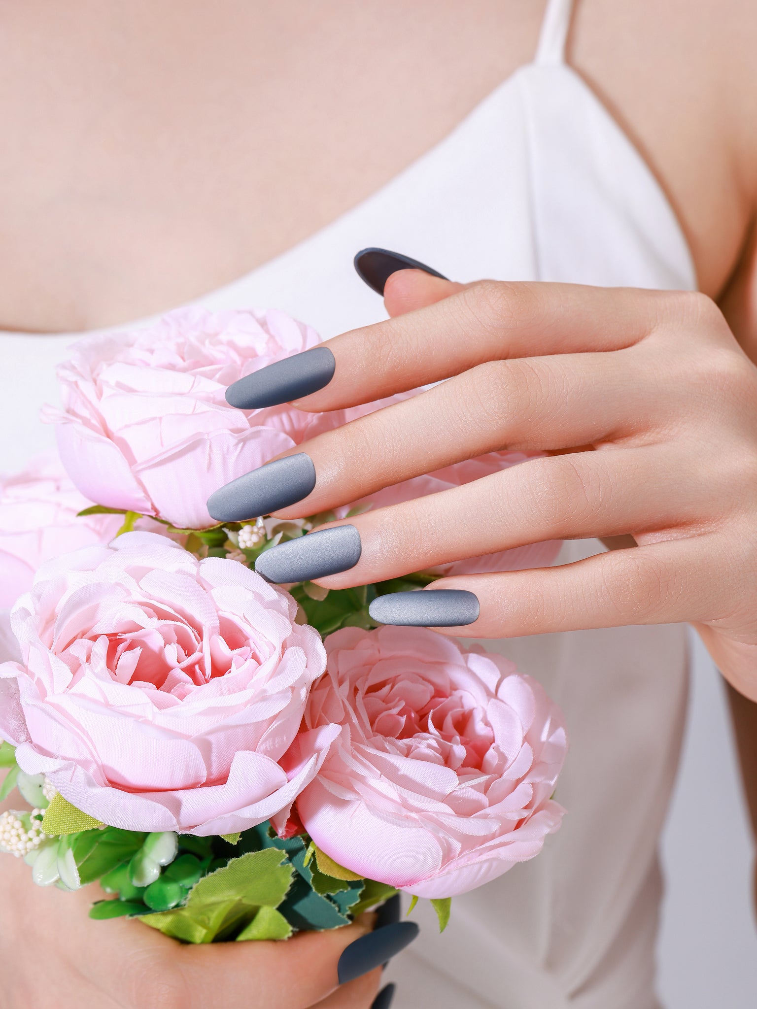 Long oval smoky indigo blue-gray matte press-on nails