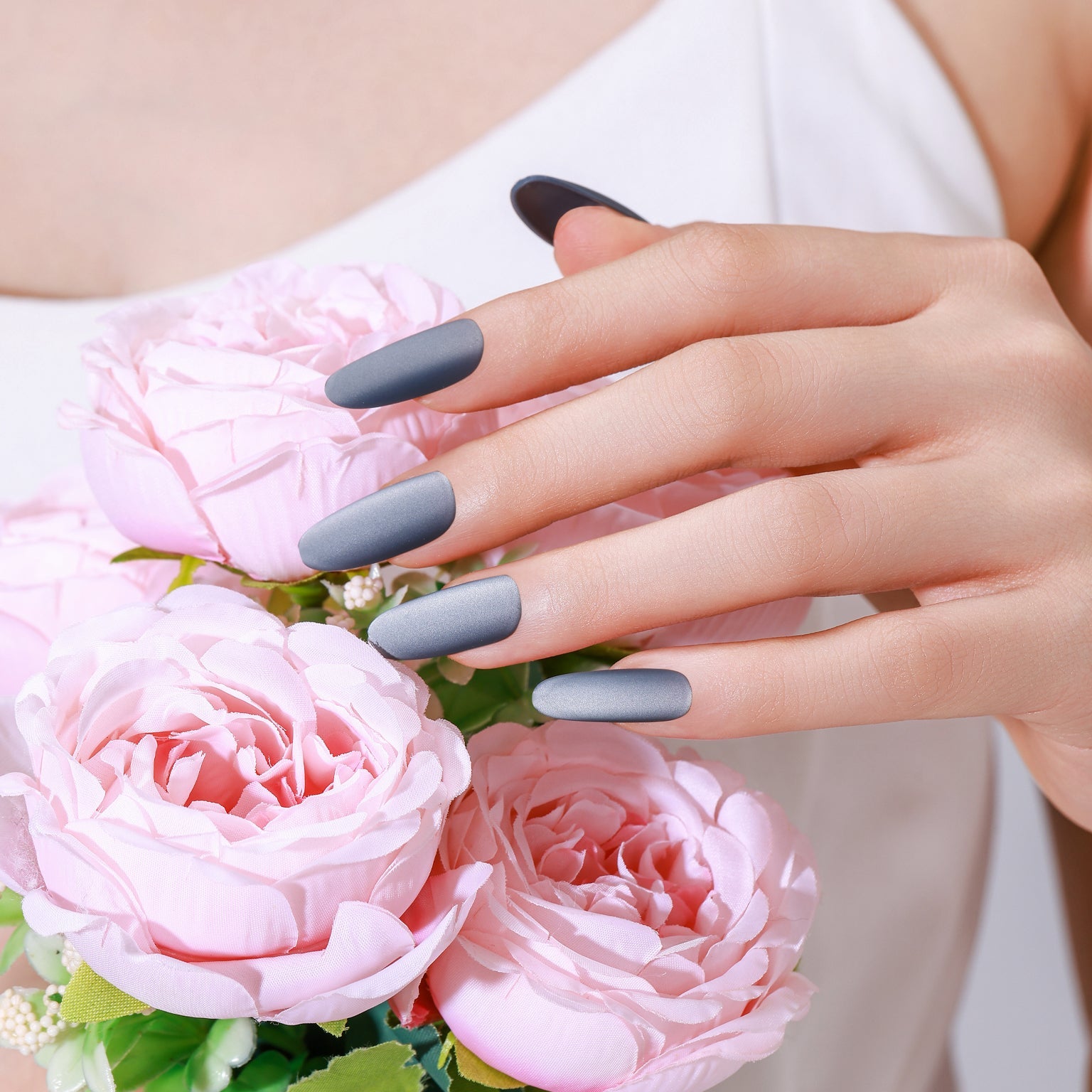 Long oval smoky indigo blue-gray matte press-on nails