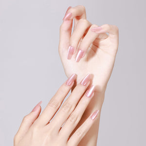 Both hands showing Pink Blush long coffin rose pink glossy chrome press-on nails