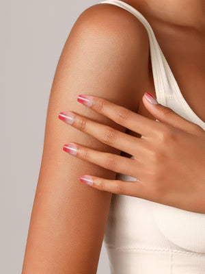 Full set showing Strawberry Lover short square press-on nails with ombre French tips